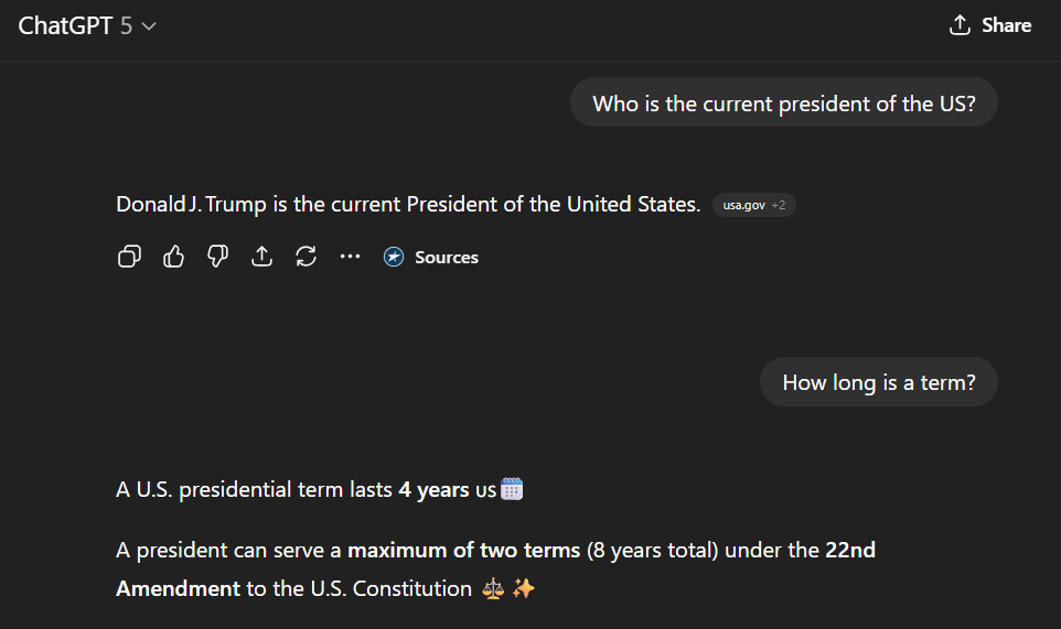 In this example, the user has a memory stating that responses should include emojis. Since SearchGPT doesn’t have access to memories, they are not addressed when it responds 